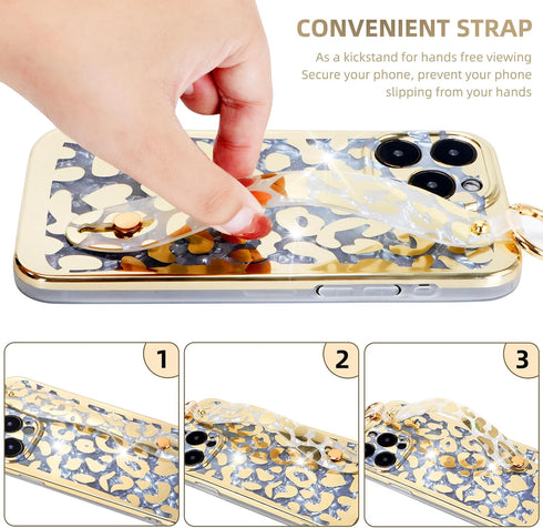 for iPhone 13 Pro Wrist Band Kickstand Cover Case Cheetah Print Ultra Slim IMD Shockproof Protection Holder Cover Case for Apple iPhone 13 Pro 6.1...