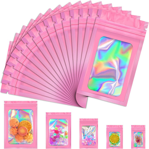 JETMORE 100 PCS Mylar Bags, Pink Holographic Bags, Smell Proof Bags, Resealable Bags for Small Business, Sealable Bags for Packaging, Foil Pouch B...