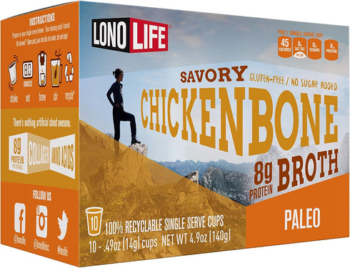 LonoLife Chicken Bone Broth Powder Mix | 10g Protein | Collagen-Rich, Keto & Paleo Friendly | Natural Ingredients | 10 Single-Serve Cups...