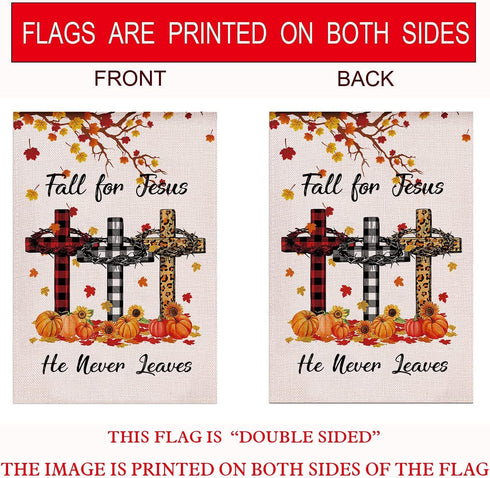 Fall For Jesus He Never leaves Garden Flag Vertical Double Sided, Pumpkin Maple Leaf Bible Buffalo Autumn Harvest Thanksgiving Holiday Burlap Yard...