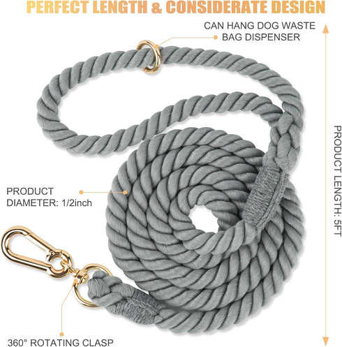 5 FT Dog Leash Handmade Braided Rope Dog Leash for Small Medium and Large Dogs, Grey...