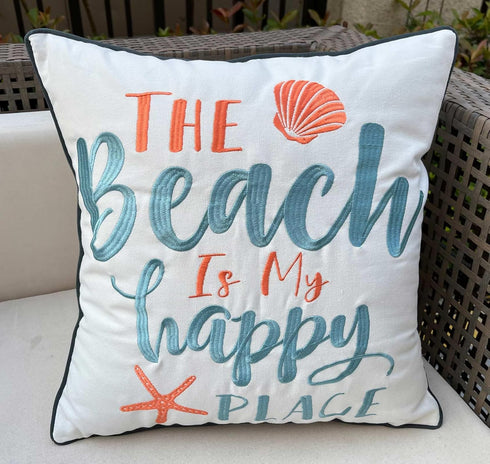 Embroidered The Beach is My Happy Place Throw Pillow Cover,Square 18 inches Decorative Canvas Pillow Cover with The Beach is My Happy Place Patter...