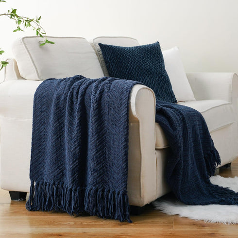 BATTILO HOME Navy Blue Throw Blanket for Couch, Knitted Blue Blanket Throw 50'' x 60'', Super Soft Warm Navy Throws for Chair Sofa Home Decor...