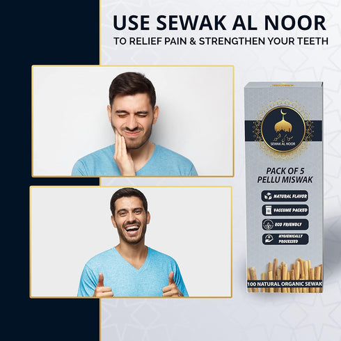 Pack of 5 Miswak Sticks for Teeth with Holder - Vacuum Sealed Natural Flavored Chew Sticks for Humans - Natural Toothbrush for Teeth Whitening, Or...
