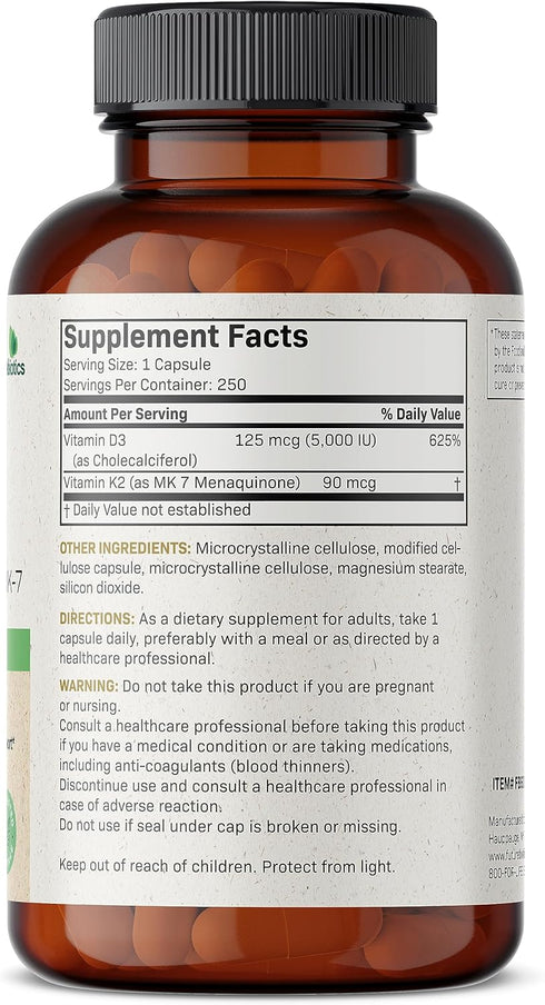 Futurebiotics Vitamin K2 (MK7) with D3 Supplement - Non-GMO Formula - 5000 IU Vitamin D3 & 90 mcg Vitamin K2 MK-7, 250 Vegetarian Capsules...