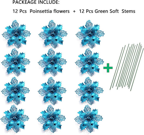 GL-Turelifes 12 Pieces 6.3’’ Glitter Christmas Flowers Lake Blue Poinsettia Artificial Flower Christmas Tree Flowers Wreath Tree Ornaments with 12...
