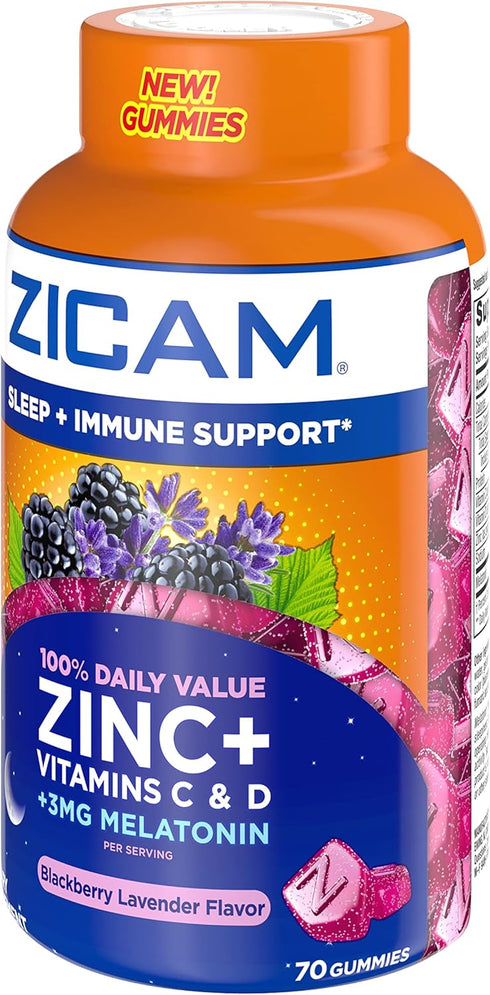 Zicam Sleep + Immune Support. Zinc, Gummy Supplement, Blackberry Lavender Flavor, Vitamin C and Vitamin D, 3mg Melatonin per serving, 70 Count...