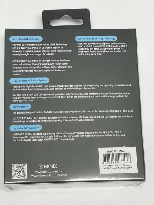 MINIX NEO P1 Mini 33W PPS 2-Port GaN Charger 1 USB-C Port Fast Charger, 1 USB-A Port Quick Charger 3.0. Compatible with iPhone 8-15 Series, Galaxy...