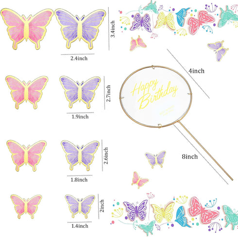 Bucherry 81 Pieces 3D Butterfly Cupcake Topper Gold Round Acrylic Happy Birthday Cake Topper Butterflies Cake Decorations for Birthday Wedding Par...