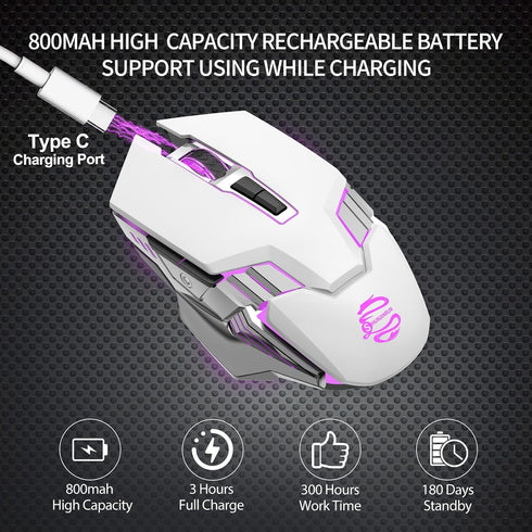 White Bluetooth Mouse, Rechargeable USB Wireless and BT5.0/3.0 Dual Mode Mouse with RGB Light, Side Buttons, 2400 DPI, Ergonomic Cordless Computer...
