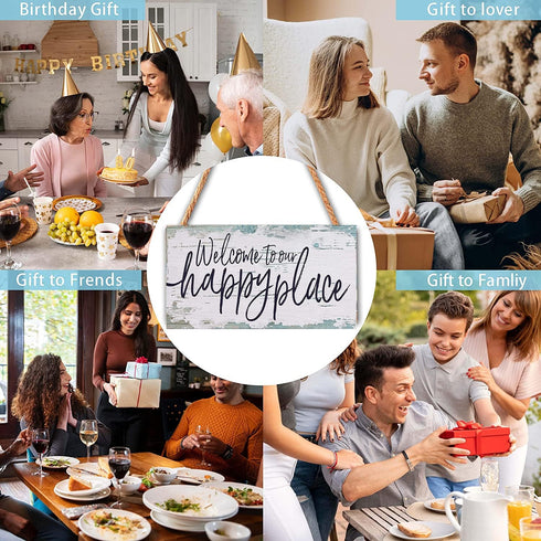 Welcome to our happy place sign decor 6"x12" Wood Hanging Décor for front door home sign...