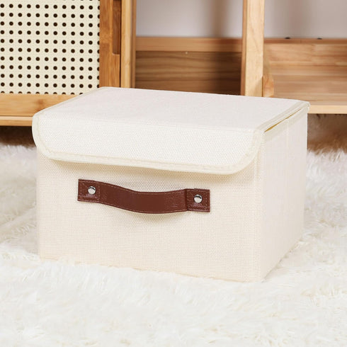 ANMINY Storage Bin with Lid Storage Boxes with PU Leather Handles PP Plastic Board Decorative Foldable Lidded Cotton Linen Fabric Home Cubes Baske...
