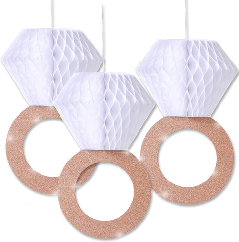 Engagement Party Decorations, Bridal Shower Supplies, Honeycomb Ring Hanging Decorations, Rose Gold Glitter Diamond Rings (6pcs), Engaged Diamond ...