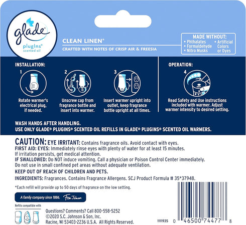 Glade PlugIns Refills Air Freshener, Scented and Essential Oils for Home and Bathroom, Clean Linen, 2.01 Fl Oz, 3 Count...