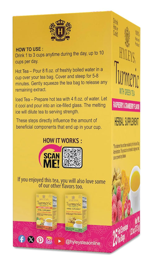 Hyleys Turmeric Tea - Raspberry & Cranberry Flavors - 25 Tea Bags - Wellness Herbal Supplement Green Tea...