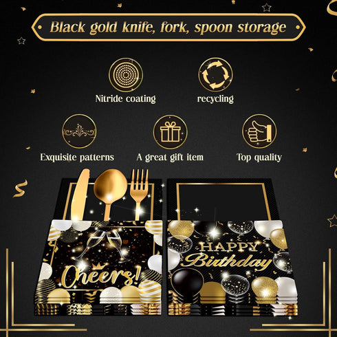 36 Pcs Black and Gold Birthday Party Favors Silverware Holder Bags Paper Utensil Cutlery Holder Disposable Knife Fork Spoon Sleeves Pocket for Hap...