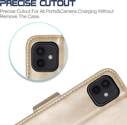 Arae Compatible with iPhone 12 Case and iPhone 12 Pro Case Wallet Flip Cover with Card Holder and Wrist Strap - Champagne Gold...