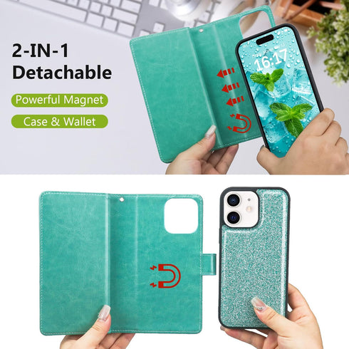 Varikke for iPhone 11 Wallet Case Detachable with 9-Card Holder for Women, Fashion Glitter PU Leather Wrist Strap Strong Magnetic Flip Wallet Remo...