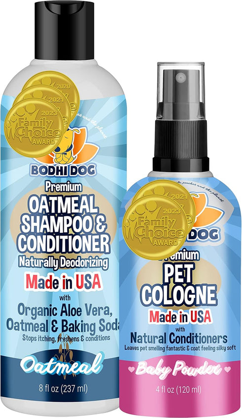 Bodhi Dog Baby Powder Scented Cat & Dog Cologne 4oz + Oatmeal Dog Shampoo & Conditioner for Pet Grooming 8oz | Moisturizing Dog Shampoo for Sensit...