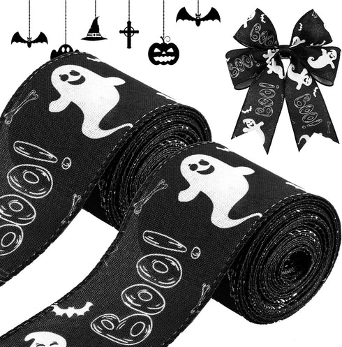 2 Rolls 12 Yards Halloween Wired Ribbons Spiderweb/Ghost Printed Ribbons Decorative Wrapping Ribbons Polyester Craft Ribbons for Halloween Home Pa...