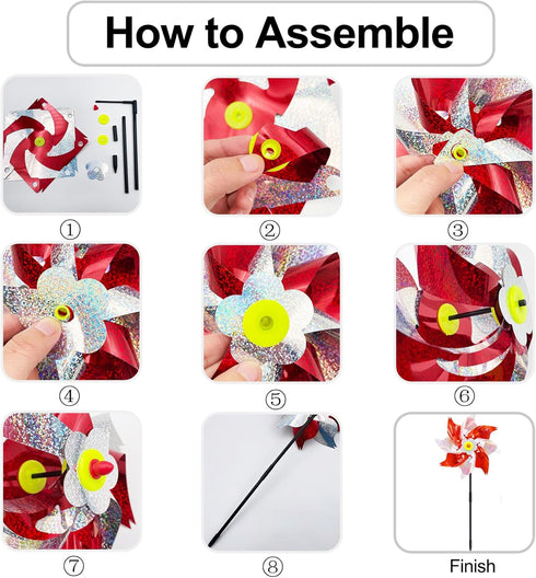 timecity 4 PCS Pinwheels Red Silver Wind Spinners 9.5inch Sparkly Garden Pinwheel Reflective Windmills Scare Birds Animal Away Spinner for Yard an...