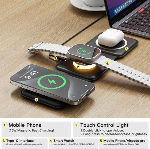 ESSAGER 3 in 1 Foldable Wireless Charger for iPhone 15/14/13/12/11 Series, Magnetic Wireless Charging Station, Travel Wireless Fast Charging Pad f...