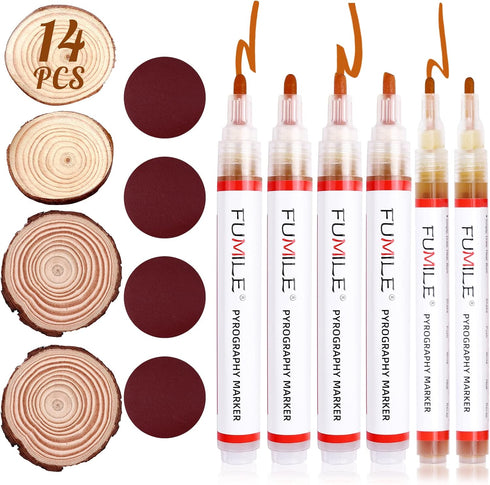 FUMILE Wood Burning Pen Set with 6PCS Scorch Pen Marker, 4PCS Wood Chips, 4PCS Sandpapers for DIY Wood Painting, Suitable for Artists and Beginner...