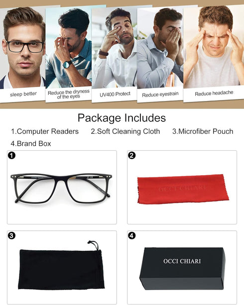 OCCI CHIARI Fashion Men‘s Glasses Square Eyeglasses Frames Clear Lense with Spring Hinge (A-Black+Brown)...