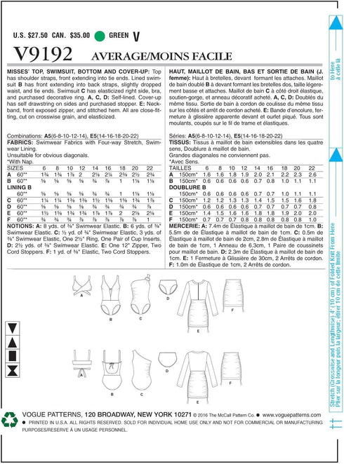 Vogue Patterns Casual Misses' Wrap-Top Bikini, One-Piece Swimsuits, And Cover-Ups, 14-16-18-20-22, Green...