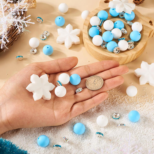Cheriswelry DIY Winter Theme Jewelry Making Kits with 30pcs 15mm Round Silicone Focal Beads & 5pcs Snowflake Silicone Beads & 30pcs 10mm Glass Rhi...