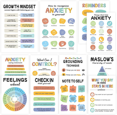 12Pcs Mental Health Posters, Therapy Office Decor, Counseling Office Must Haves School Counselor Supplies, Mental Health Wall Art Decor Home Offic...
