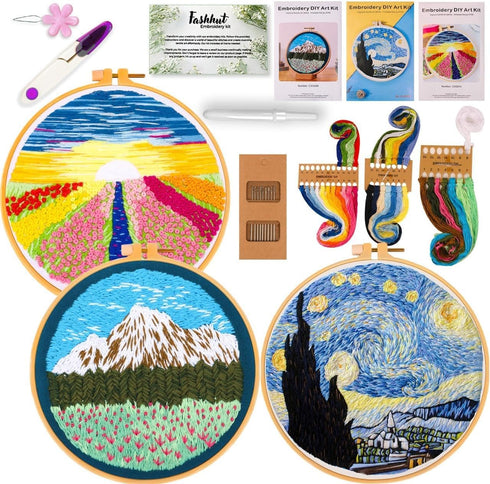 Fashhut Set of 3 Embroidery Kit for Adults with Patterns and Complete Instructions – Landscape Hand Embroidery Kits with 1 Embroidery Hoop, Needle...
