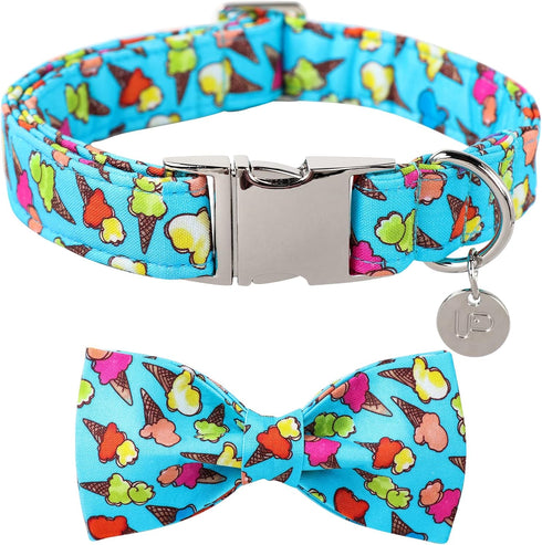 Summer Dog Collar with Bow Tie, Cotton Cute Bowtie Dog Collar, Summer Bowtie Collar for X-Large Boy Girl Dog, Comfortable Blue Dog Collar with Met...