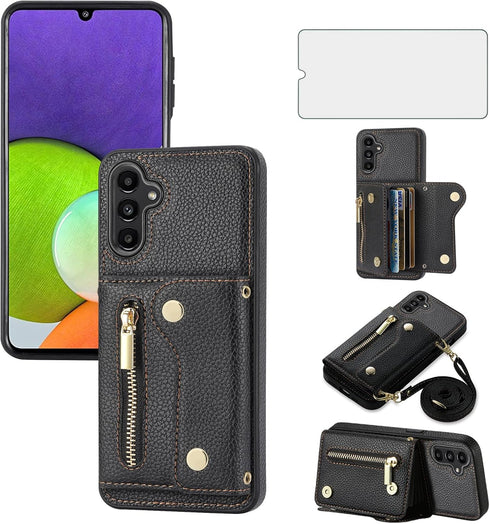 Asuwish Phone Case for Samsung Galaxy A15 5G Zipper Wallet Cover with Tempered Glass Screen Protector and Credit Card Holder Crossbody Strap Long ...