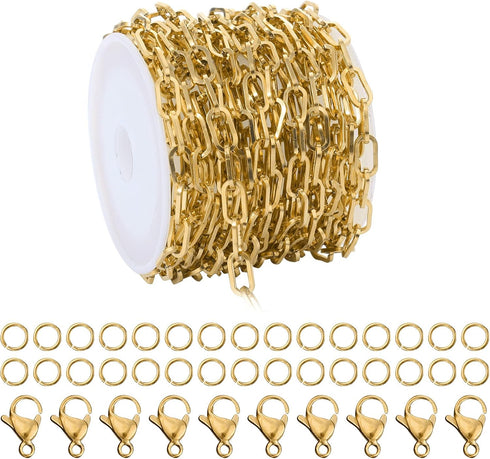 16.4 Feet Gold Plated Stainless Steel Chain Bulk Flat Paperclip Link Chains 5x10mm Jewelry Chain Roll with Jump Rings Lobster Clasps Oval Cable Ch...