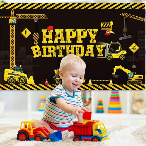 Tatuo Construction Theme Birthday Banner - 6.1 x 3.6 ft Photography Party Supplies Dump Truck Party Decoration for Kids Boys Birthday Background H...