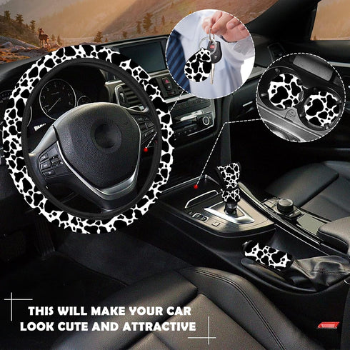 10 Pieces Cow Car Steering Wheel Cover Center Console Armrest Pad Headrest Seat Belt Cover Handbrake Cover Keychain Coaster Full Set Car SUV(Cow)...