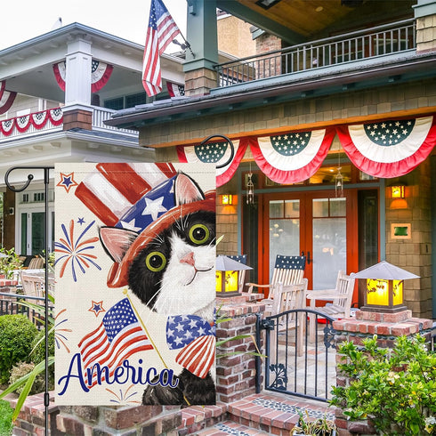 4th of July Patriotic Black Cat Garden Flag 12x18 Inch Double Sided, America Independence Day Flag Memorial Day Firework Yard Banner for Outdoor H...