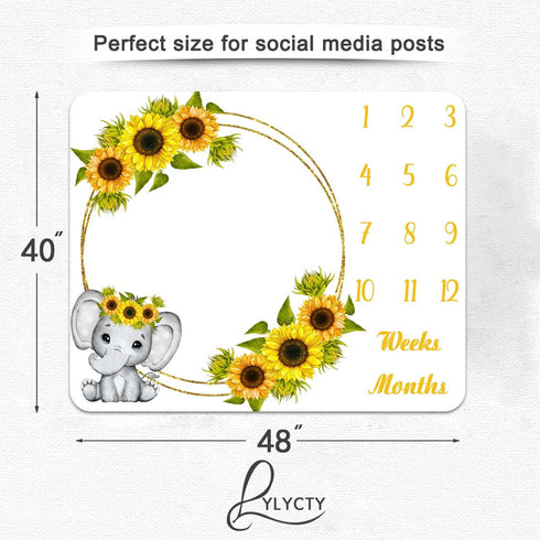 Sunflower Baby Age Blanket, Cartoon Elephant White Baby Growth Chart Memory Blanket, 48x40 Inch Newborn Swaddling Blanket Monthly Baby Milestone B...