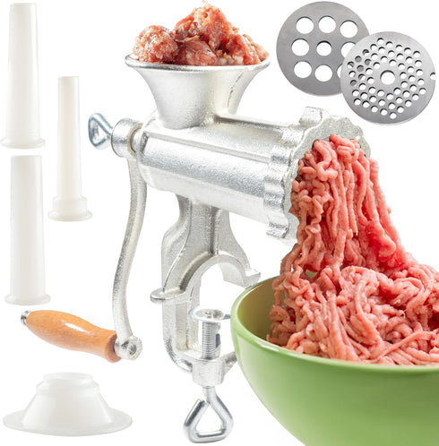 Meat Grinder w Tabletop Clamp & 2 Cutting Disks, Cast Iron Heavy Duty Sausage Maker & Manual Meat Mincer- Homemade Burger Patties, Ground Beef & M...