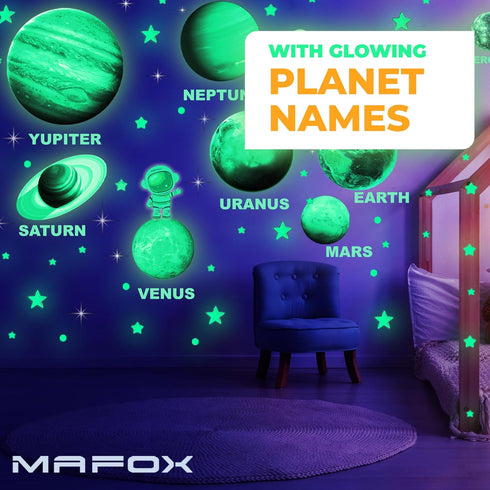 Glow in The Dark Planets, Bright Solar System Wall Stickers -Sun Earth Mars and so on,9 Glowing Ceiling Decals for Bedroom Living Room,Shining Spa...