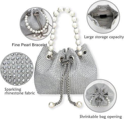 Evening Bucket Handbag for Women Sparkly Rhinestone Pearl Clutch Silver Purse for Party Club Wedding Cocktail Prom...