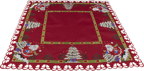 Embroidered Christmas Holiday Santa Claus and Christmas Trees Doily Table Topper Small Tablecloth on Red 33 Inches Square...