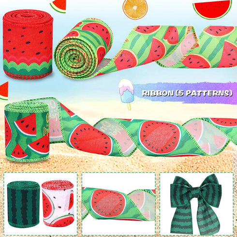 25 Yard Watermelon Wired Edge Ribbons, 5 Rolls Watermelon Print Summer Ribbons Watermelon Slices Plaid Ribbon Stripe Craft Ribbon for Gift Wrappin...