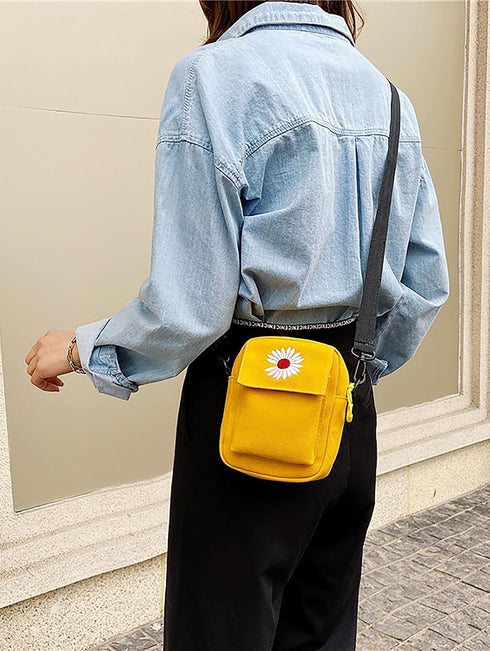 Daisy Flower Stylish Yellow Mini Cotton Canvas Crossbody Bag with Daisy Embroidery...