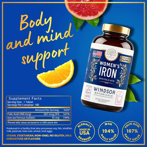 Iron Pills for Women - Iron Supplement for Women with Folic Acid - 6 Month Supply - Anemia, Period, Pregnancy Support Iron Supplements - Ferrous S...