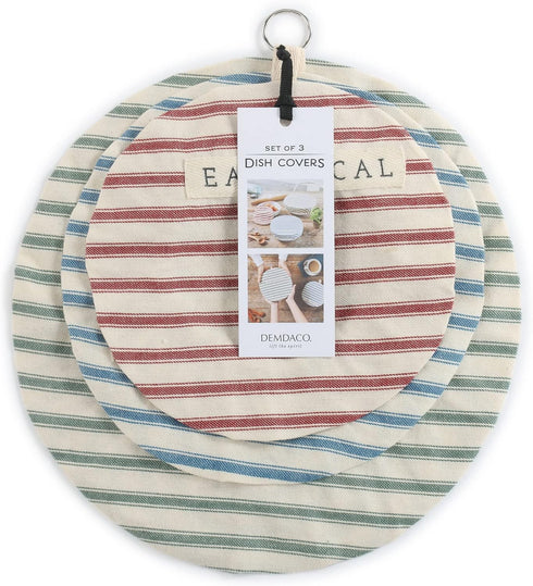 DEMDACO Homemade Striped 11 x 11 Cotton Linen Fabric Plate Serving Dish Covers Set of 3...