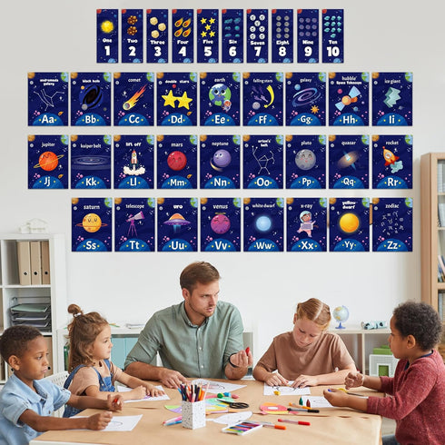 56 Pcs Outer Space Alphabet Number Bulletin Board Galaxy Letters Classroom Decorations Space ABC Number Lines for Classroom Wall Educational Cards...