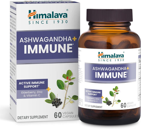 Himalaya Ashwagandha+ Immune with Ashwagandha, Elderberry, Zinc & Vitamin C for Active Immune Support, 60 Capsules, 1 Month Supply, Vegan, Gluten ...