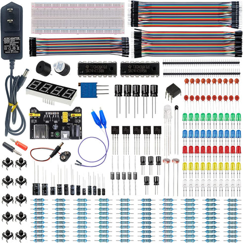 Upgraded Electronics Component Fun Kit Power Supply Module, Jumper Wire, 830 Breadboard, LED,Capacitor,Diode,Resistor,Transistor,Compatible Raspbe...